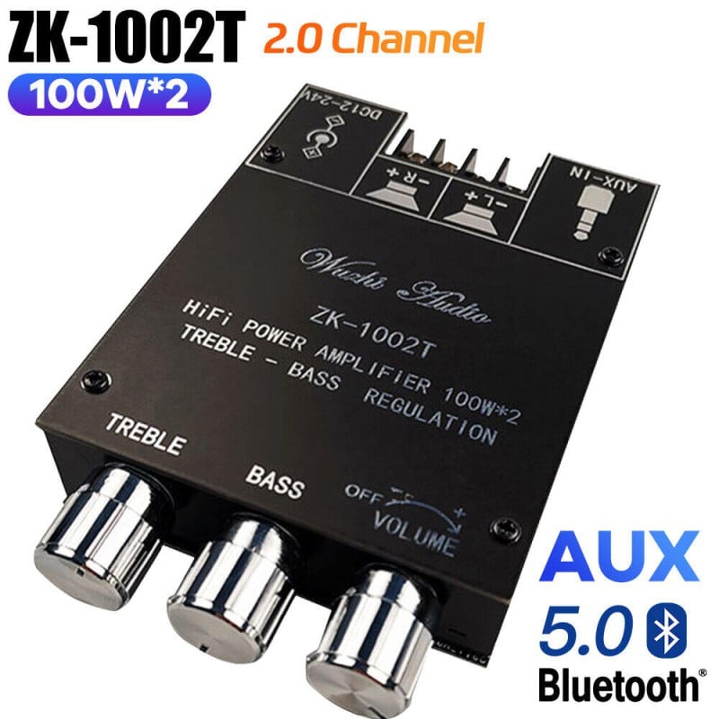 Picture of ZK-1002T 2.0 Channel Bluetooth Amplifier Board, 200W Stereo Audio AMP with Bluetooth and AUX Inputs,with Treble and Bass Control Power Vehicle Amplifier for DIY Speakers Black