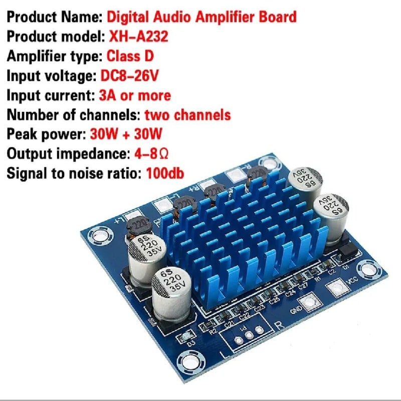 Picture of XH A232 TPA3110 30W Dual Channel Digital Audio Amplifier Board DC 8-26V 3A for Subwoofer and Speakers Blue