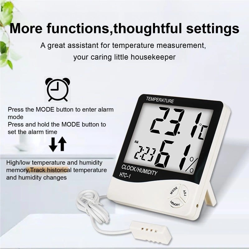 Picture of HTC-2 Digital LCD Thermometer Hygrometer Electronic Temperature Humidity Meter Weather Station Indoor Outdoor Tester Alarm Clock. White