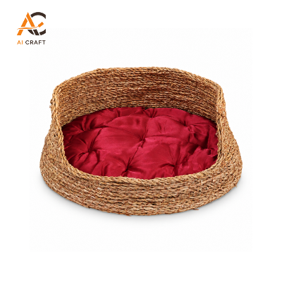Picture of Premium Handmade Woven Rattan Pet Bed with Soft Red Cushion for Cats