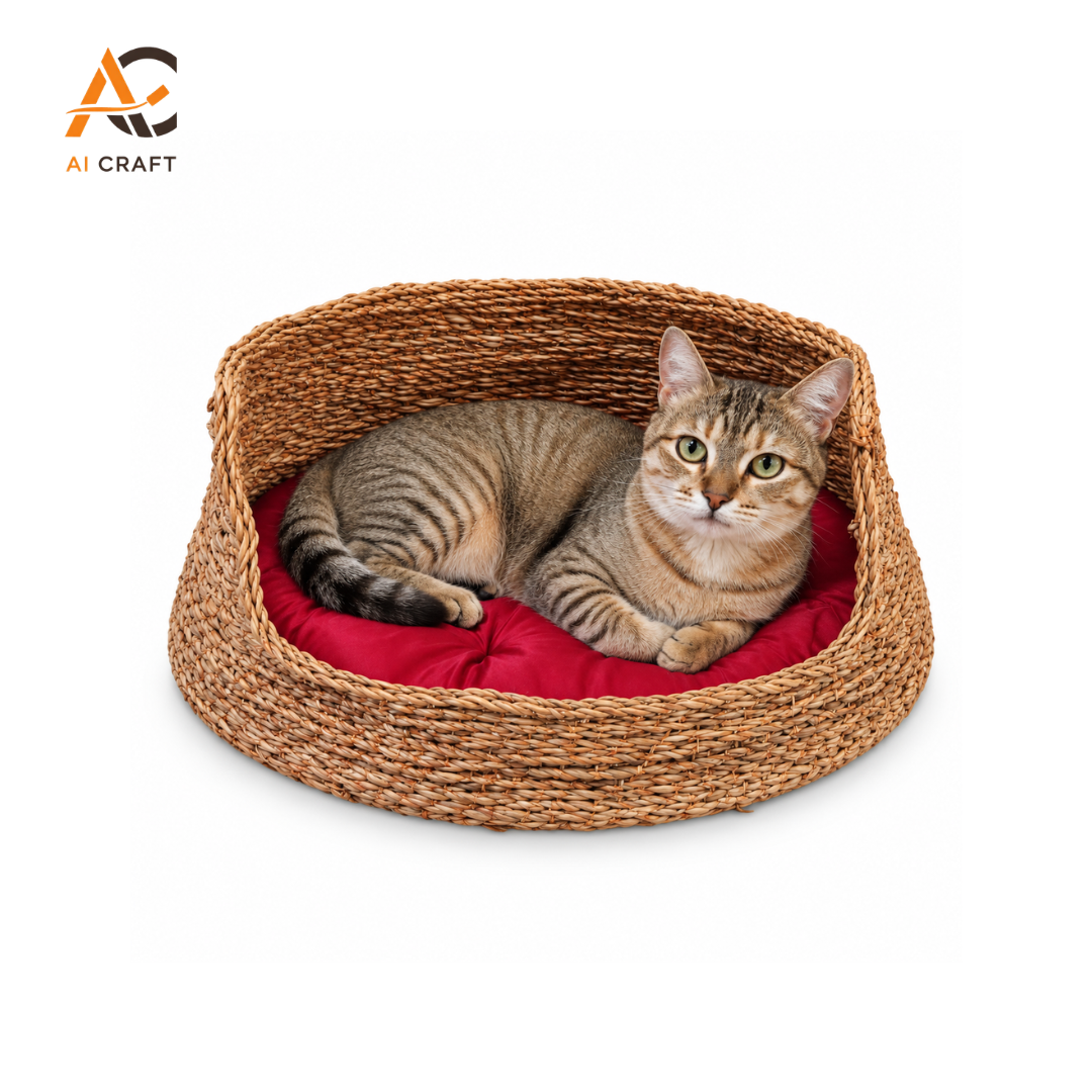 Picture of Premium Handmade Woven Rattan Pet Bed with Soft Red Cushion for Cats