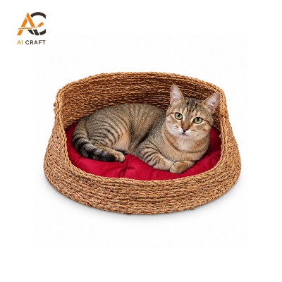 Picture of Premium Handmade Woven Rattan Pet Bed with Soft Red Cushion for Cats