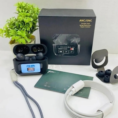 Picture of A9 AirPod Pro TWS Wireless Earbuds With LED Touch Screen Display | ANC + ENC Noise Reduction, Bluetooth 5.4, Deep Bass Headphones - Black