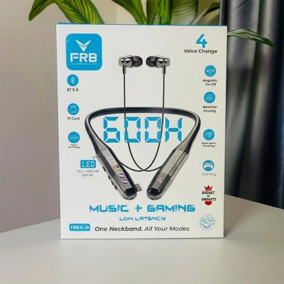 Picture of FRB N-26 Bluetooth Neckband ( 600 hours )  BT 5.4 |  Battery Backup | LED Display | Type-C Fast Charging | Magnetic Earbuds Low Latency Gaming Mode + Music Mode | Voice Change Feature | Metal Ear Housing | TF Card Supportl - Black