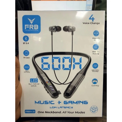 Picture of FRB N-26 Bluetooth Neckband ( 600 hours )  BT 5.4 |  Battery Backup | LED Display | Type-C Fast Charging | Magnetic Earbuds Low Latency Gaming Mode + Music Mode | Voice Change Feature | Metal Ear Housing | TF Card Supportl - Black