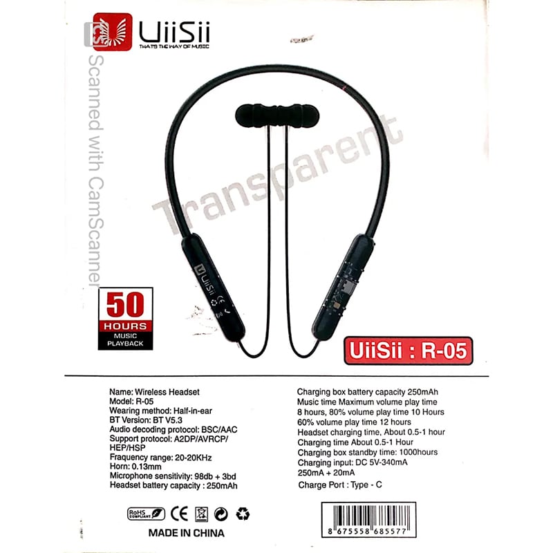 Picture of UiiSii R-05 Transparent neckband 50 Hours Music playback Time - Black