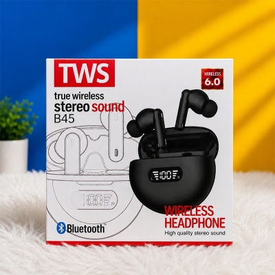 Picture of B45  TWS Wireless Earbuds Bluetooth 6.0 True Wireless Stereo Sound Headphone with Digital Display Charging Case, High Quality Sound, Portable Earphones for Android & iPhone By Onyx Gadget Shop - Black