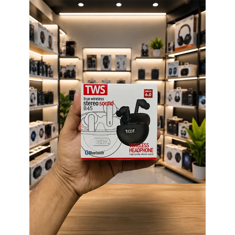 Picture of B45  TWS Wireless Earbuds Bluetooth 6.0 True Wireless Stereo Sound Headphone with Digital Display Charging Case, High Quality Sound, Portable Earphones for Android & iPhone By Onyx Gadget Shop - Black