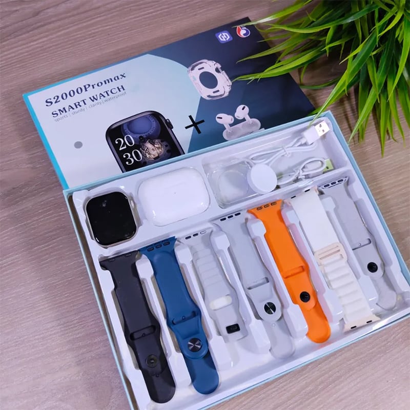 Picture of S2000 Pro Max Smart Watch with Wireless AirPods Pro – 10-in-1 Mega Combo Pack – 7 Changeable Straps/Belts with Free Protective Watch Cover – Bluetooth Call & Fitness Tracker Smartwatch for Men & Women by Guangzhou Wholesale Gadgets - Black