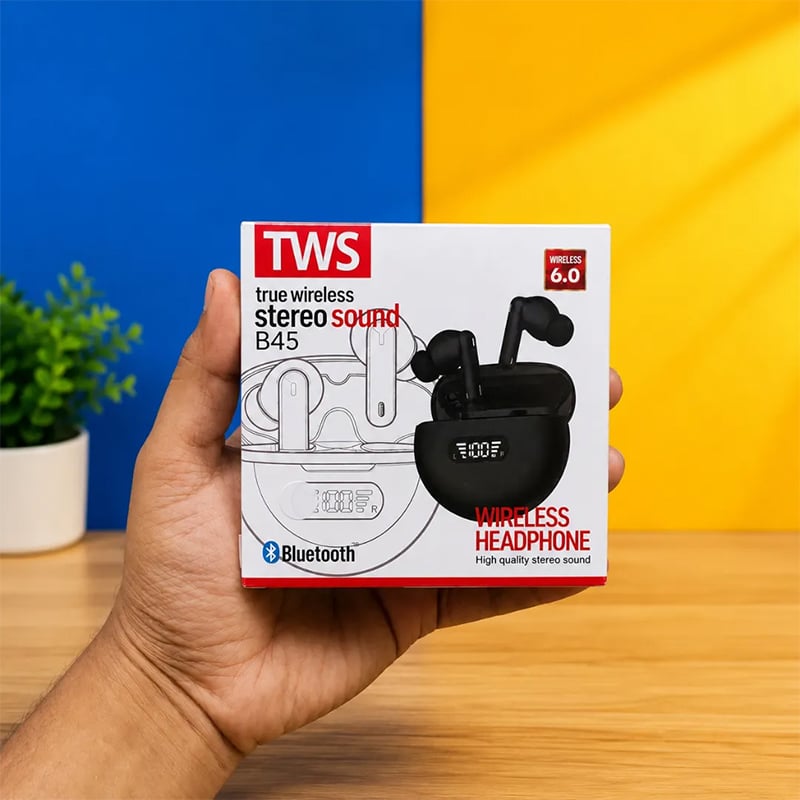 Picture of B45  TWS Wireless Earbuds Bluetooth 6.0 True Wireless Stereo Sound Headphone with Digital Display Charging Case, High Quality Sound, Portable Earphones for Android & iPhone By Guangzhou Wholesale Gadgets - Black
