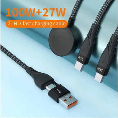 Picture of 2-in-1 USB A & USB C to Type-C Nylon Braided Fast Charging Cable – 100W/27W High-Speed Data & Power Cord for Mobile, Tablet & Laptop - Black