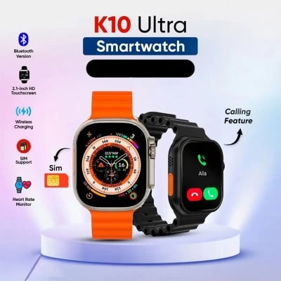 Picture of K10 Ultra Smartwatch: SIM Support, Fitness Tracking Smart Watch 2.1" Display, Wireless Charger and Bluetooth Connectivity Calling & Music Smartwatch - Orange