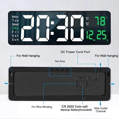 Picture of 16 inh Large LED Digital Wall Clock Remote Control Temp Date Week Display Memory Table Wall-mounted Dual Electronic Alarms Clocks