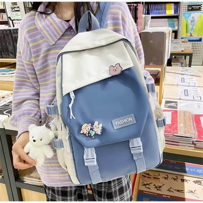 Picture of Japanese students Style Girl Backpack – Large Capacity Schoolbag for High School & College Students with Bear Keychain & Cartoon Pins - Blue