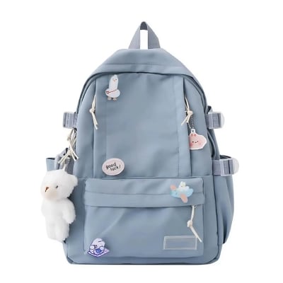 Picture of Korean Style Cute Girl Backpack – Large Capacity Schoolbag for High School & College Students with Bear Keychain & Cartoon Pins - Light Blue