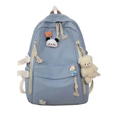Picture of New Korean Style Cute Girls Backpack – High Quality Schoolbag for High School & College Students with Bear Keychain & Cartoon Pins -  Light Blue