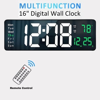 Picture of 16 inh Large LED Digital Wall Clock Remote Control Temp Date Week Display Memory Table Wall-mounted Dual Electronic Alarms Clocks