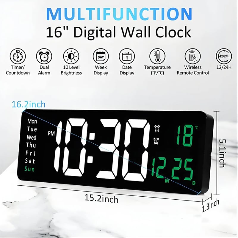 Picture of 16 inh Large LED Digital Wall Clock Remote Control Temp Date Week Display Memory Table Wall-mounted Dual Electronic Alarms Clocks