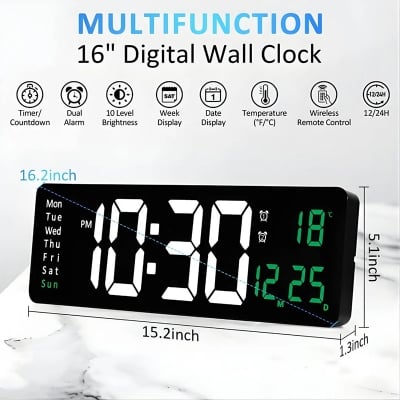 Picture of 16 inh Large LED Digital Wall Clock Remote Control Temp Date Week Display Memory Table Wall-mounted Dual Electronic Alarms Clocks