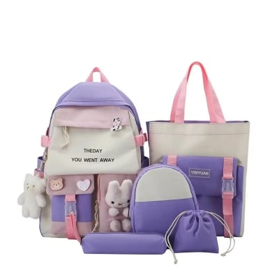 Picture of New Korean Canvas Backpack Women's Large Capacity Five Piece Set Student Backpack College Student Backpack -  Purple