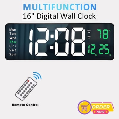 Picture of 16 inh Large LED Digital Wall Clock Remote Control Temp Date Week Display Memory Table Wall-mounted Dual Electronic Alarms Clocks