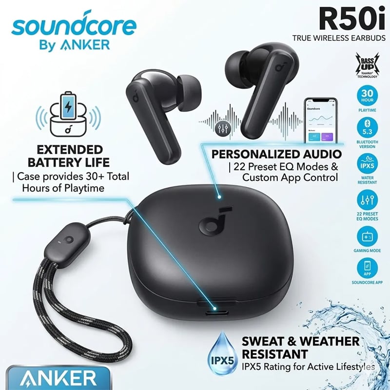 Picture of Anker Soundcore R50i True Wireless Earbuds With 30H Playtime, AI-Enhanced Calls, BassUp Technology, Bluetooth 5.3 Wireless Earbuds Bluetooth Earbuds - Black
