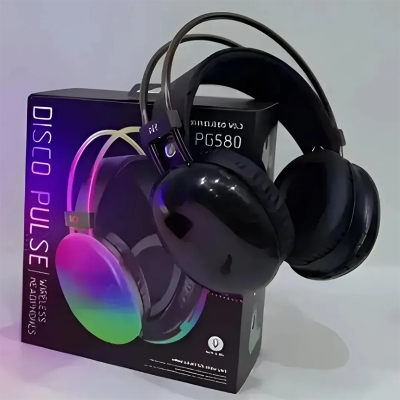 Picture of PG580 Disco Pulse RGB Wireless Headphone – Colorful LED Lights, Deep Bass, Foldable Design & Long Battery Life – Perfect for Gaming, Music & Entertainment PG580 RGB Headphone – Disco Mood, Every Beat - Black
