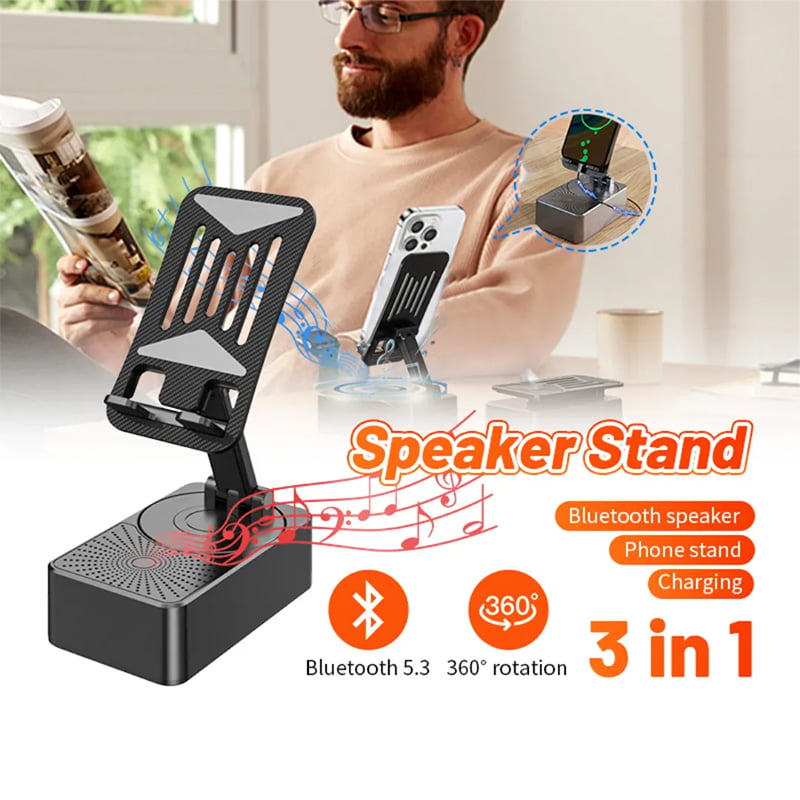 Picture of Foldable Mobile Phone Desk Holder,Wireless Speaker with Stand - 3 in 1 Mobile Phone Holder,360 Rotating Phone Stand,Phone Stand with Speaker, Cellphone Holder with Bluetooth Speaker - Black
