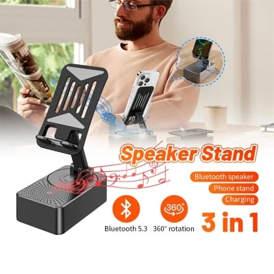 Picture of Foldable Mobile Phone Desk Holder,Wireless Speaker with Stand - 3 in 1 Mobile Phone Holder,360 Rotating Phone Stand,Phone Stand with Speaker, Cellphone Holder with Bluetooth Speaker - Black