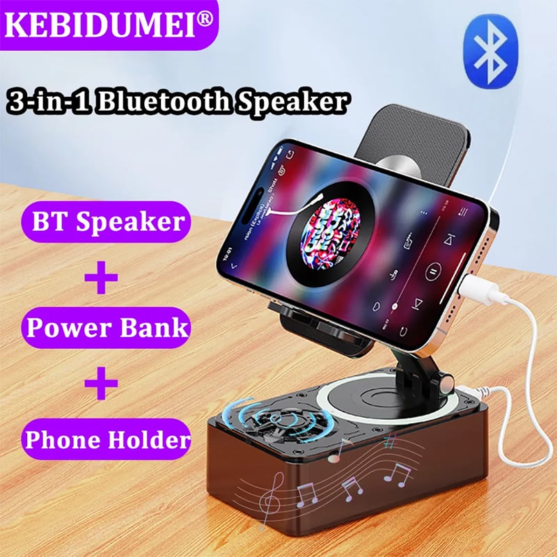 Picture of Foldable Mobile Phone Desk Holder,Wireless Speaker with Stand - 3 in 1 Mobile Phone Holder,360 Rotating Phone Stand,Phone Stand with Speaker, Cellphone Holder with Bluetooth Speaker - Black
