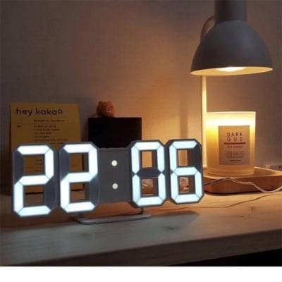 Picture of 3D Digital Wall Clock LED Table Clock Time Alarm Temperature Date Sound Control Night Light With Button Control Clock ( Only White Color)
