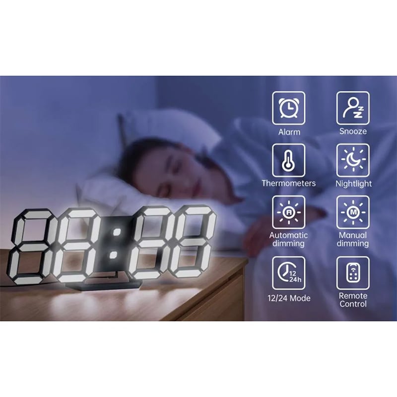 Picture of 3D Digital Wall Clock LED Table Clock Time Alarm Temperature Date Sound Control Night Light With Button Control Clock ( Only White Color)