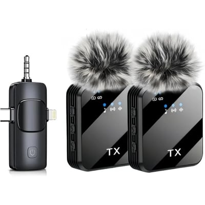 Picture of F15-2 (2 in 1)Collar Wireless Dual Microphone proprofessional Lepal Lavaliar microphon iPhone & Type C Supported 100% Noise Cancellation - Black