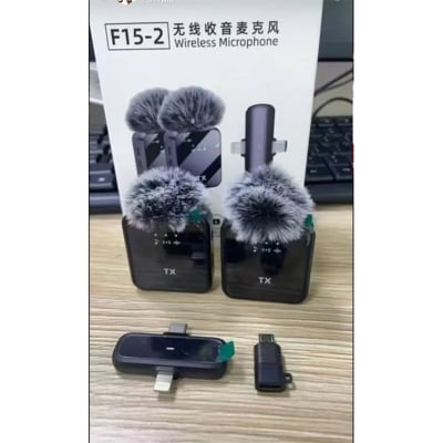 Picture of F15-2 (2 in 1)Collar Wireless Dual Microphone proprofessional Lepal Lavaliar microphon iPhone & Type C Supported 100% Noise Cancellation - Black