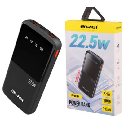 Picture of AWEI P10K 10000mAh 22.5W Fast Charging 2 USB & 1 TYPE-C Output Ports LED Digital Display Power Bank - Black