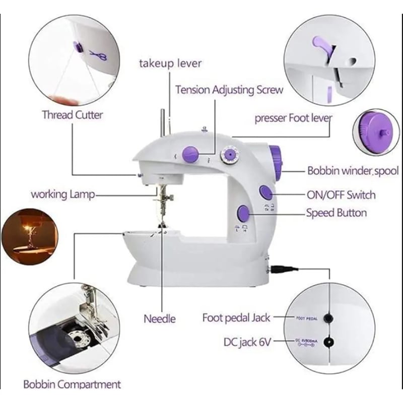 Picture of Dual Speed Mini Electric Sewing Machine with Light – Portable Overlock Handheld Stitching Machine for Home Use - White