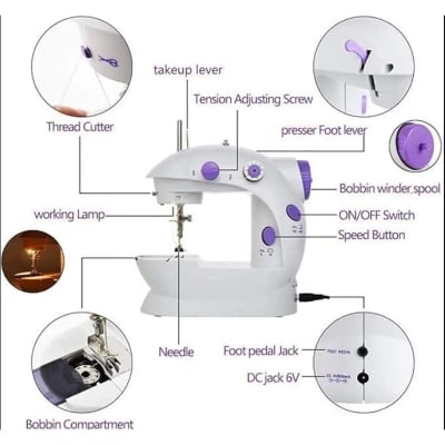 Picture of Dual Speed Mini Electric Sewing Machine with Light – Portable Overlock Handheld Stitching Machine for Home Use - White