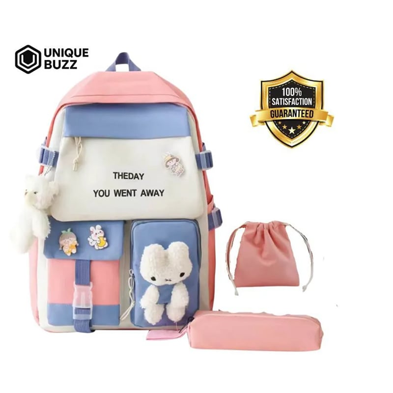 Picture of Cute Multi-Color School Backpack with Plush Toy – 3 in 1 (Backpack + Drawstring Bag + Pencil Pouch) - Sweet