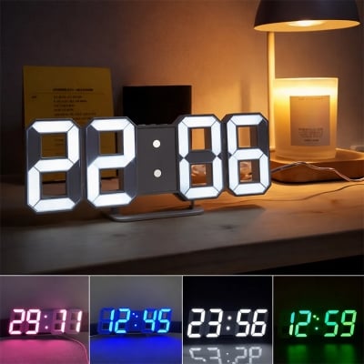 Picture of 3D Digital Wall Clock LED Table Clock Time Alarm Temperature Date Sound Control Night Light With Button Control Clock ( Only White Color)