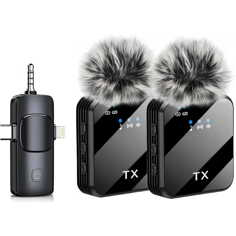 Picture of F15-2 (2 in 1)Collar Wireless Dual Microphone proprofessional Lepal Lavaliar microphon iPhone & Type C Supported 100% Noise Cancellation - Black
