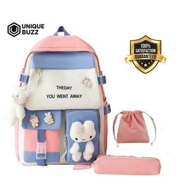 Picture of Cute Multi-Color School Backpack with Plush Toy – 3 in 1 (Backpack + Drawstring Bag + Pencil Pouch) - Sweet