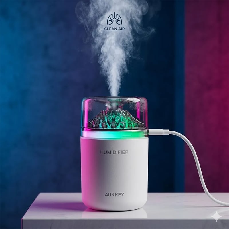 Picture of Portable Mini Humidifier with LED Night Light – Quiet USB Ultrasonic Cool Mist Diffuser for Car, Office Desk, and Travel- Ultra-Realistic Crystal Design - Multicolor