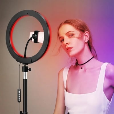 Picture of 10 inch RGB LED Soft Ring Light with Tripod Stand for Photography Makeup YouTube Video Shooting Selfie - Black