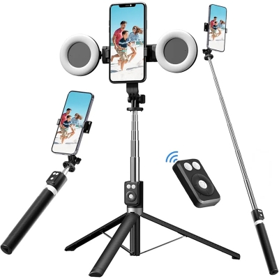 Picture of BT12 Selfie Stick 4 in 1 Double Big Light Ring Extendable Handheld Foldable Live Tripod Camera Stand Holder for iPhone Android - Black