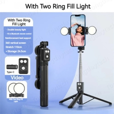 Picture of BT12 Selfie Stick 4 in 1 Double Big Light Ring Extendable Handheld Foldable Live Tripod Camera Stand Holder for iPhone Android - Black