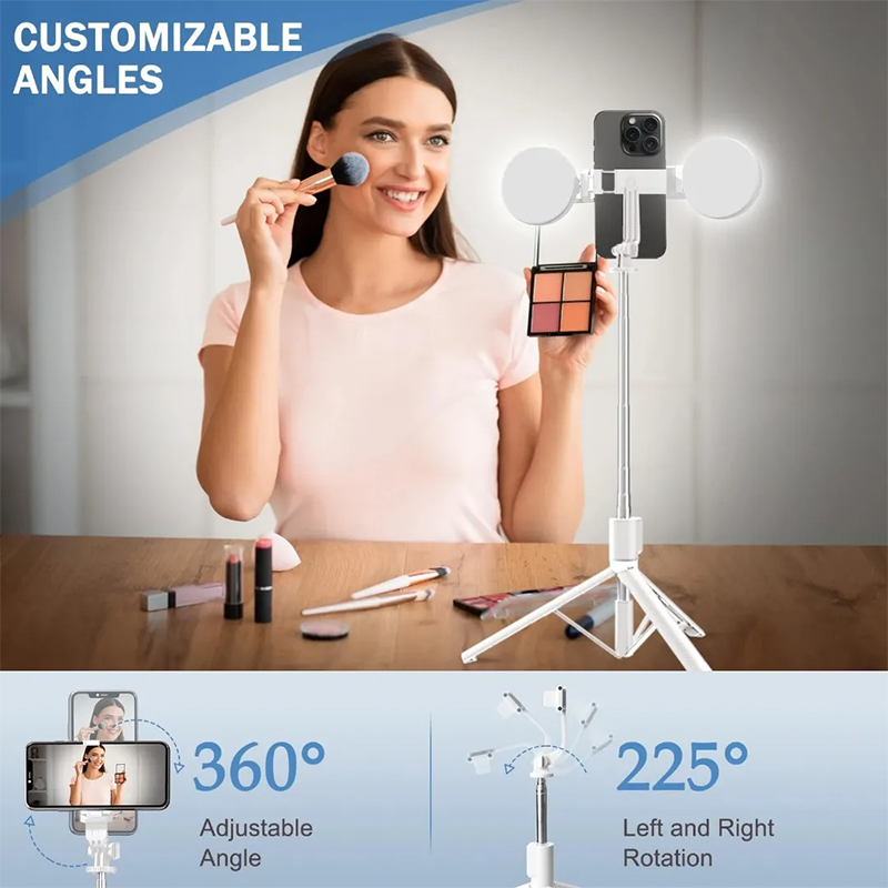 Picture of BT12 Selfie Stick 4 in 1 Double Big Light Ring Extendable Handheld Foldable Live Tripod Camera Stand Holder for iPhone Android - Black