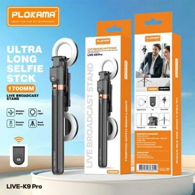 Picture of Plokama LIVE-K9 Pro 1700mm Ultra Long Selfie Stick with Tripod Stand & Ring Light – Adjustable, Portable for Mobile Vlogging & Live Streaming - Black