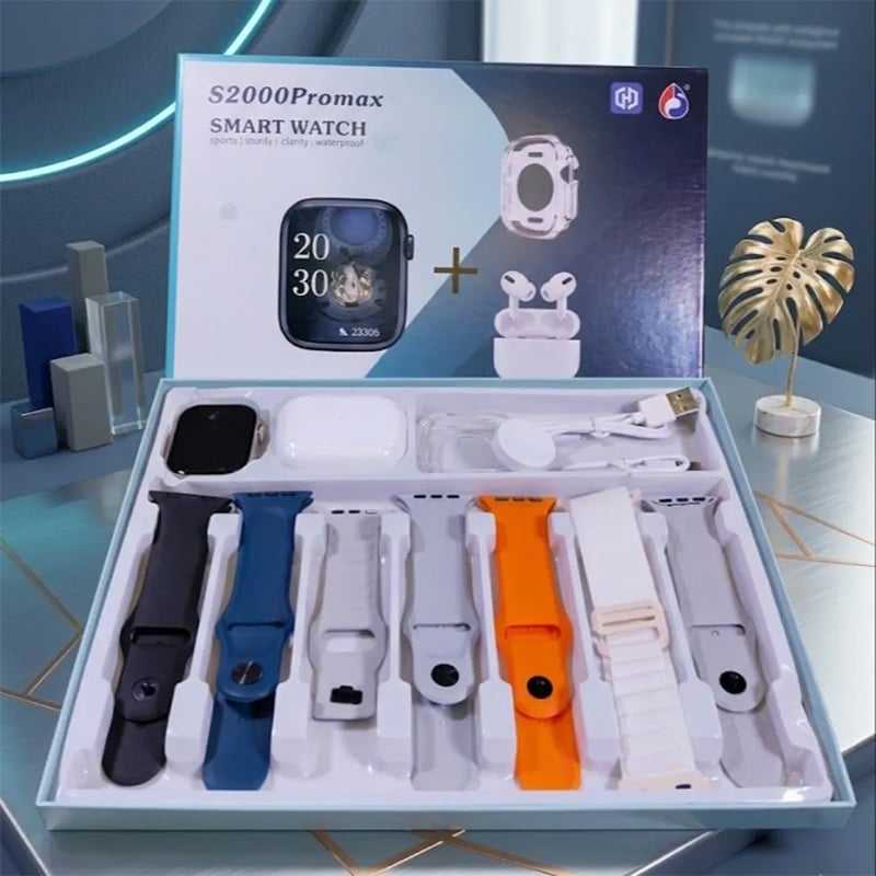 Picture of S2000 Pro Max Smart Watch with Wireless AirPods Pro – 10-in-1 Mega Combo Pack – 7 Changeable Straps/Belts with Free Protective Watch Cover – Bluetooth Call & Fitness Tracker Smartwatch for Men & Women - Black