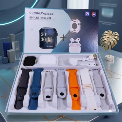 Picture of S2000 Pro Max Smart Watch with Wireless AirPods Pro – 10-in-1 Mega Combo Pack – 7 Changeable Straps/Belts with Free Protective Watch Cover – Bluetooth Call & Fitness Tracker Smartwatch for Men & Women - Black