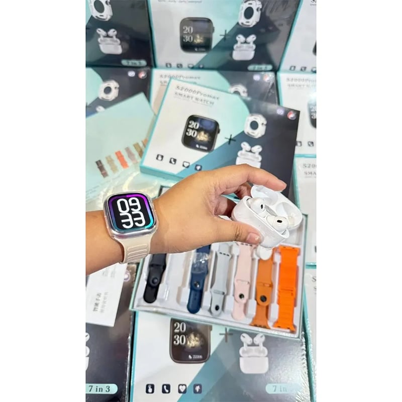 Picture of S2000 Pro Max Smart Watch with Wireless AirPods Pro – 10-in-1 Mega Combo Pack – 7 Changeable Straps/Belts with Free Protective Watch Cover – Bluetooth Call & Fitness Tracker Smartwatch for Men & Women - Black